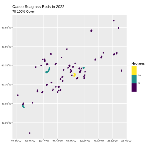 Map of the dense seagrass beds where beds are colored by size in hectares.